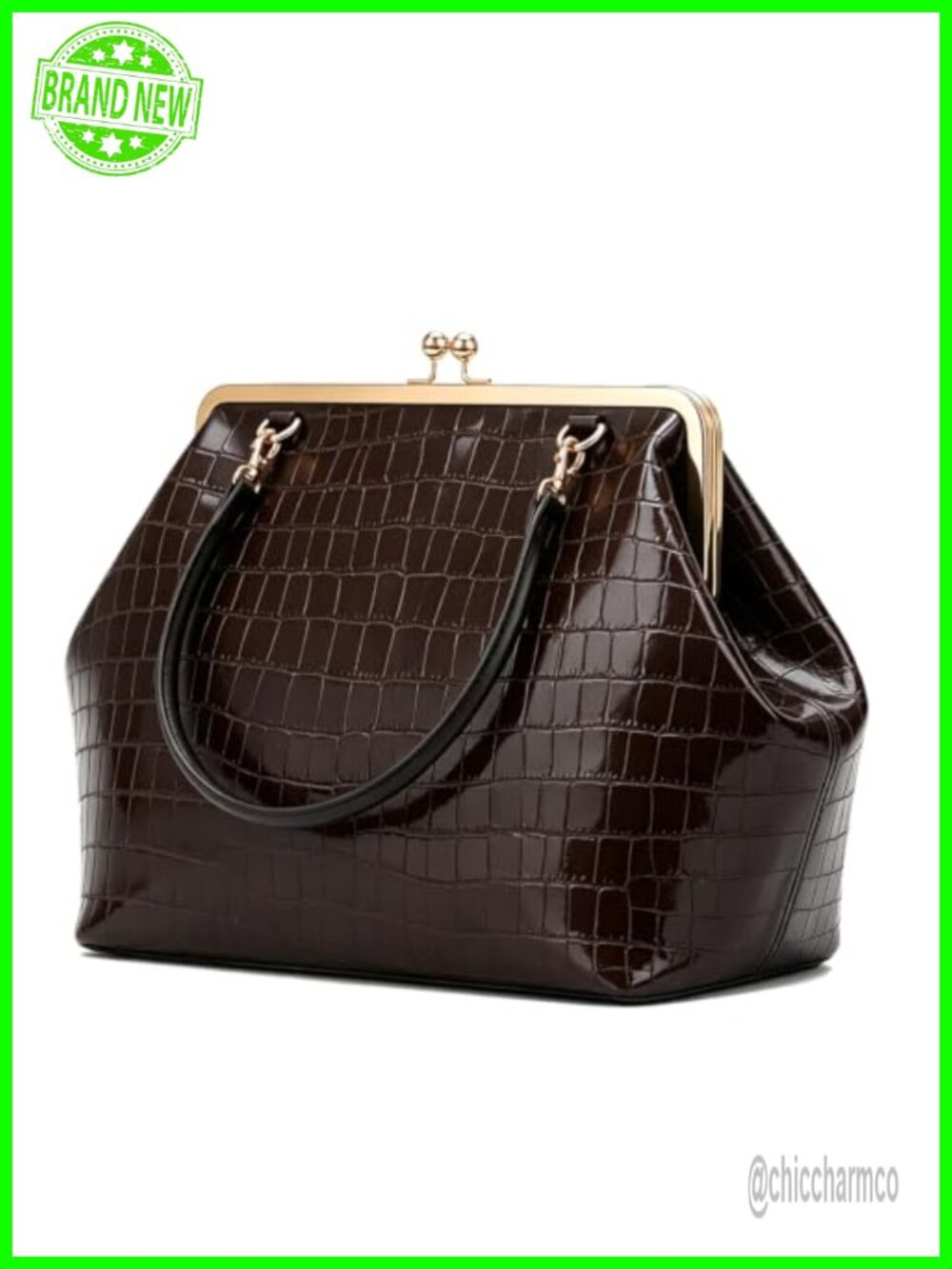 Kiss Lock Tote Bag Faux Leather Crocodile Embossed Shoulder Handbag